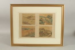 FOUR CHINESE MINIATURE LANDSCAPE PAINTINGS ON SILK, framed together and glazed, 39cm x 49.5cm
