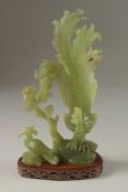 A CHINESE CARVED JADE GROUP ON HARDWOOD STAND, carved in the form of a peacock and pea hen on a