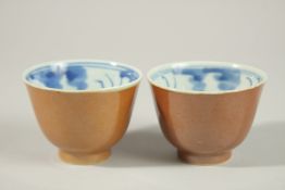 A PAIR OF CHINESE BLUE AND WHITE / CAFE AU LAIT GLAZE PORCELAIN TEA CUPS, the interior with fish