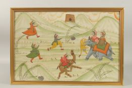 A 19TH-20TH CENTURY INDIAN WATERCOLOUR PAINTING ON SILK, depicting a hunting scene, framed and