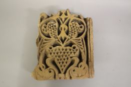 A RARE 12TH CENTURY PERSIAN GHURID CARVED POTTERY TILE, 30cm.