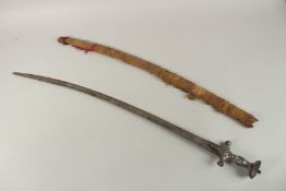 AN 18TH-19TH CENTURY INDIAN TULWAR SWORD, with silver inlaid hilt and inscribed blade - possibly