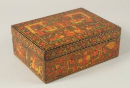 A VERY FINE 19TH CENTURY ANGLO INDIAN KASHMIRI LACQUERED BOX, depicting a royal couple seated