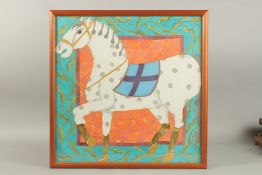 A SIGNED PAINTING ON SILK OF A HORSE, framed and glazed.