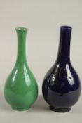 A CHINESE SACRIFICIAL BLUE GLAZE PORCELAIN BOTTLE VASE, together with a green glaze porcelain bottle