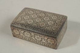 A FINE EARLY 19TH CENTURY INDIAN BIDRI SILVER INLAID PANDAN BOX, 9cm x 6cm.