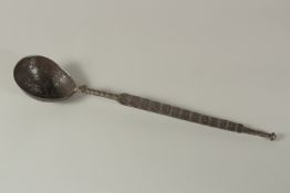 A LARGE RARE 11TH-12TH CENTURY PERSIAN SELJUK ENGRAVED IRON LADLE, with Kufic calligraphy and