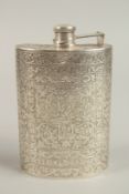 A 19TH CENTURY INDIAN ENGRAVED SILVER FLASK, with fine floral designs, 13.5cm high.