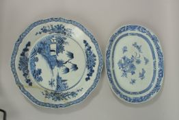 TWO 19TH CENTURY CHINESE BLUE AND WHITE PORCELAIN DISHES, (one af), oval dish 34cm x 28cm,