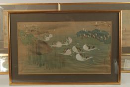FIVE JAPANESE MEIJI PERIOD PAINTINGS ON SILK DEPICTING ARMIES OF FROGS IN VARIOUS FANTASTICAL