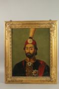 A FINE OIL PORTRAIT ON CANVASS DEPICTING A SULTAN, inset within a carved gilt wood frame, canvass