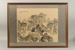 TWO CHINESE LANDSCAPE PAINTINGS ON SILK, each inscribed with red seal marks, framed and glazed, 53cm