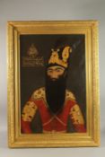 A FINE PERSIAN QAJAR OIL PORTRAIT ON CANVASS DEPICTING FATH ALI SHAH, with calligraphic