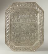 A VERY FINE AND LARGE 19TH CENTURY INDIAN KASHMIRI WHITE METAL OPENWORKED TRAY, depicting birds