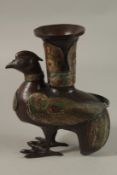 A FINE CHINESE CLOISONNE ENAMELLED BRONZE BIRD FORM CENSER, 23.5cm high.