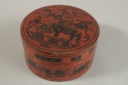 A 19TH CENTURY THAI OR BURMESE LACQUERED PAPIER MACHE CIRCULAR BOX, with interior tray and signed to