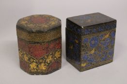 TWO LATE 19TH CENTURY ANGLO INDIAN KASHMIRI LACQUERED SIGNED TEA CADDYS, (2).