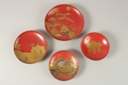 A FINE 19TH CENTURY JAPANESE MEIJI PERIOD KAJIWARA FAMILY RED AND GILT LACQUER SAKE DISH,