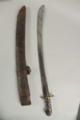 AN EARLY ISLAMIC POSSIBLY OTTOMAN SWORD, in leather overlaid scabbard, 71cm long overall.