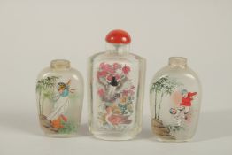 THREE CHINESE REVERSE GLASS PAINTED SNUFF BOTTLES, (3).