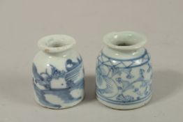 TWO 19TH CENTURY CHINESE BLUE AND WHITE PORCELAIN INK POTS, each approx. 5.5cm high.