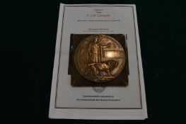 F J W Camplin death plaque and paperwork.