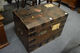 A metal bound oak silver chest.