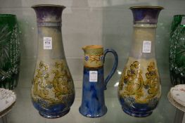 A pair of Royal Doulton stoneware vases by Eliza Simmance and a similar jug.