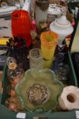 Colourful glassware to include vases, moulded glass bowl etc.
