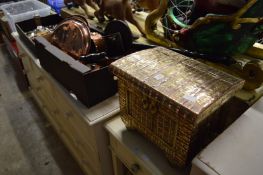 Copper and brass ware to include storage box, bed warming pan, kettle etc.