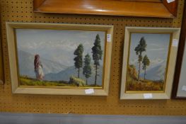 M Sain, Continental mountainous landscape with a figure, oil on board together with its companion