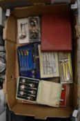 Miscellaneous plated flatware, some boxed together with other plated items and metalware.