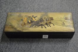 A Russian lacquer box, the cover painted with horse and carriage.