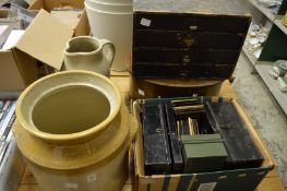 A large Doulton and Watts earthenware jar, earthenware jug, cash boxes and other items.