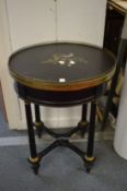 A good 19th century circular slate, ormolu and ebonised centre table, the top inlaid with a pietra