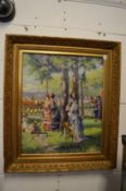 At the races, Victorian female figures at a race meeting, oil on board in a decorative gilt frame.
