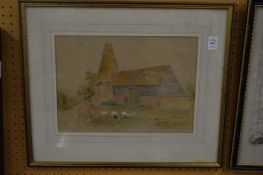 Leeson Rowbotham, Sheep grazing by an old farm building, watercolour.