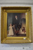 Colour print depicting a young man and a girl with a dog by there side, in a decorative gilt frame.