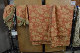 A good pair of burnt orange floral designed line curtains, 205cm wide x 215cm drop together with