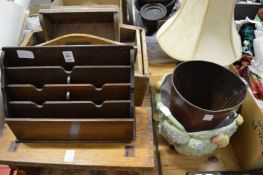 An oak magazine rack, a stool, pine work box and other items.