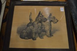 An engraving depicting two Scottie dogs and two pictures of cats.