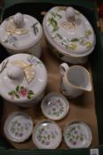 Spode Stafford Flowers casserole dish with pair of matching storage jars, four ramekins and a