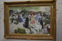The flower market, a large colourful oil on canvas in a decorative gilt frame.