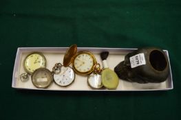Pocket watches etc together with a skull inkwell.