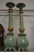 Large pair of painted carved wood pricket candlesticks.