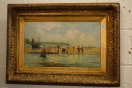 Fisher folk on the shore, oil on canvas, signed W Richards, in a decorative gilt frame.