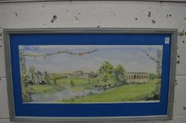 Clarissa Parish, landscape with buildings by a river, watercolour, signed and dated 1997.