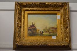 Continental school, figures on a frozen lake, oil on board, possibly over a print base in a