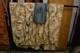 A pair of curtains, cream ground with floral trellis design together with similar curtain, pelmet