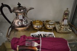 Various plated items and a set antler handled knives and forks.